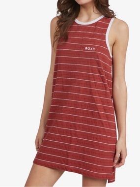 Roxy Striped Sleeveless Beach Summer Dress in Brick / Rust